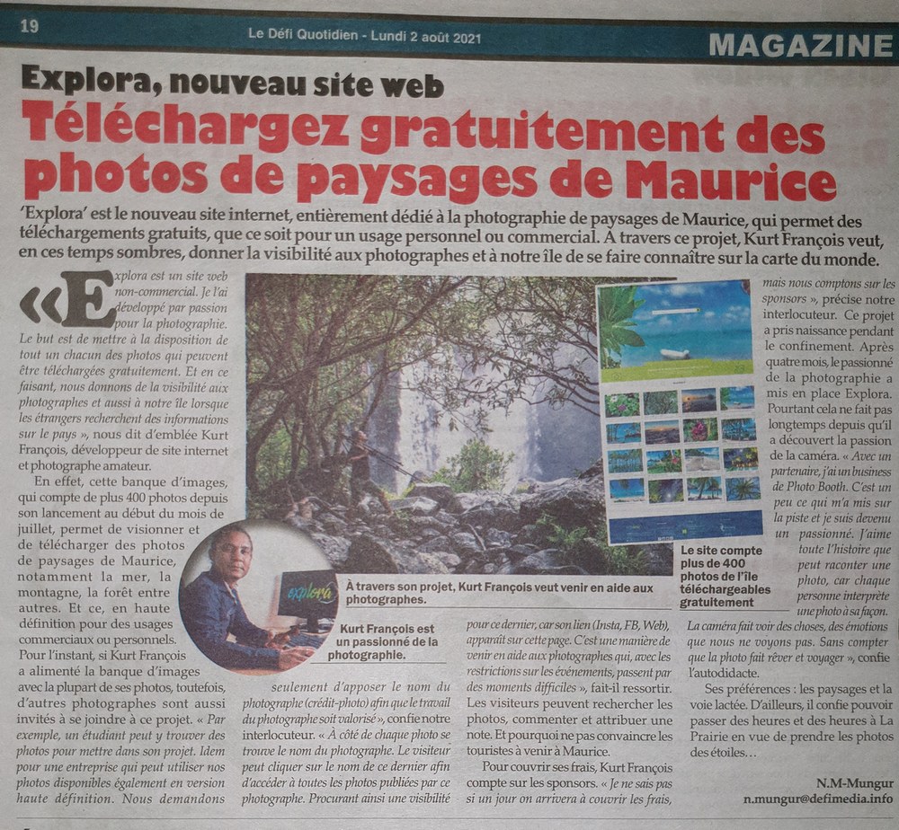 Defi Quotidien French Article Defi Quotidien French Article about explora.mu
